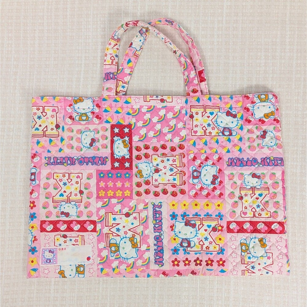 Hello Kitty 2002 Sanrio Y2K Pink Quilted Bag Tote Outside Pocket Name Tag Purse